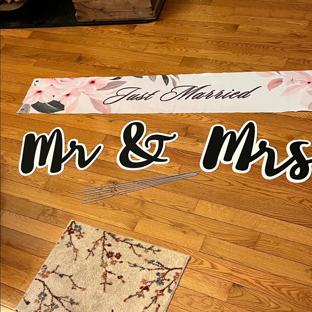 Romantic 'Just Married' Floral Wall Art with Pink and Black Accents